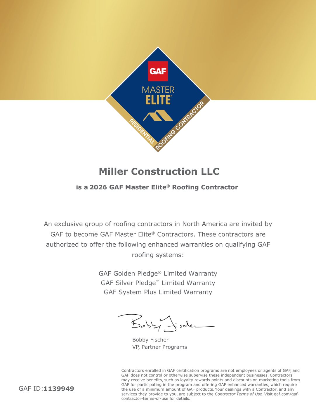 GAF Master Elite Roofing Contractor certificate issued to Miller Construction LLC for 2026