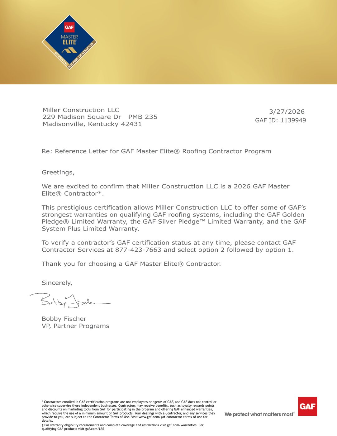 GAF reference letter confirming Miller Construction LLC as a 2026 Master Elite Contractor