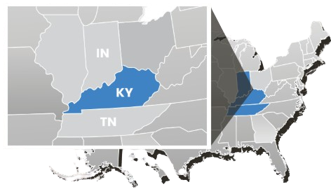 Miller Construction service area map covering Kentucky and neighboring Indiana and Tennessee