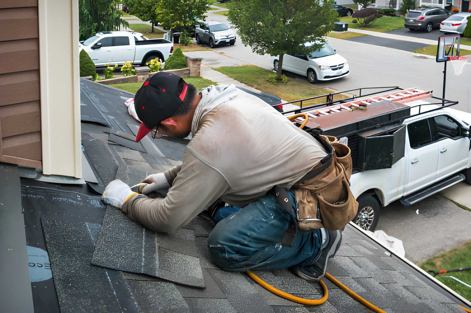 Miller crew member installing shingles
